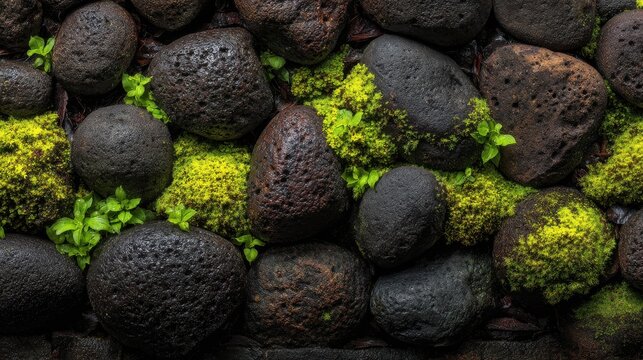 Dark Smooth River Stones Contrasting With Vibrant Green Mossy Growth