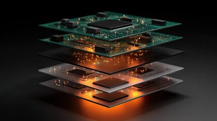 Layered electronic circuit boards with glowing energy and dark background