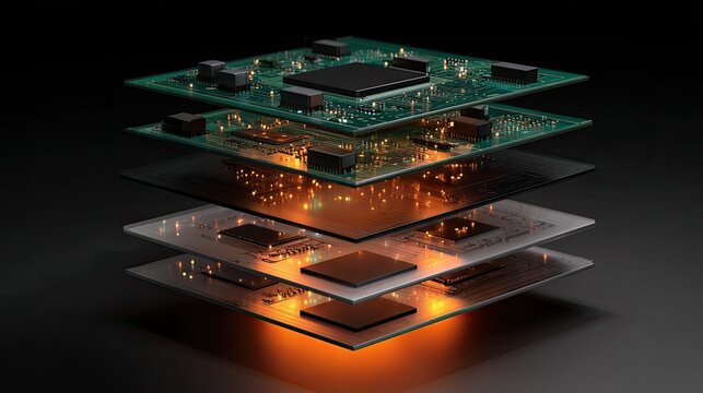 Layered electronic circuit boards with glowing energy and dark background