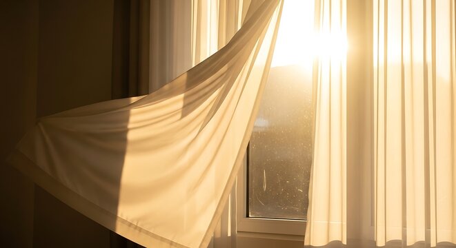White curtain blowing in the wind at sunset by window