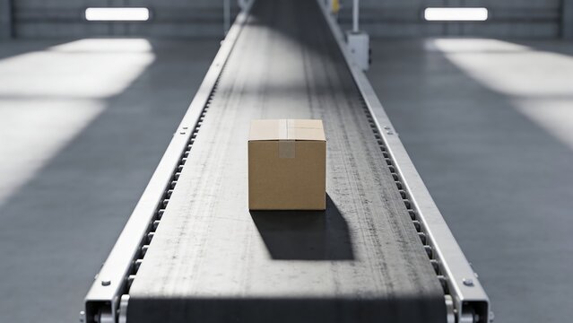 Cardboard box on conveyor belt in modern warehouse logistics system