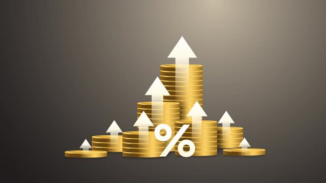 Interest rate increase concept. Stacks of gold coins with up arrows and percentage symbol. Illustrating financial growth, mortgage investment, mutual funds, and dividend tax