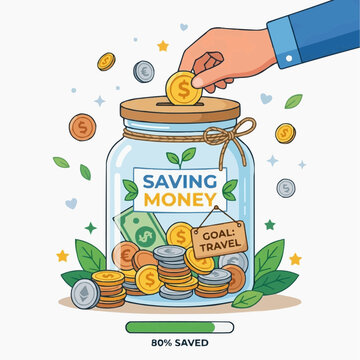 Financial Journey: Capturing the essence of financial prudence with this illustration, a hand deposits a coin into a transparent jar overflowing with savings.