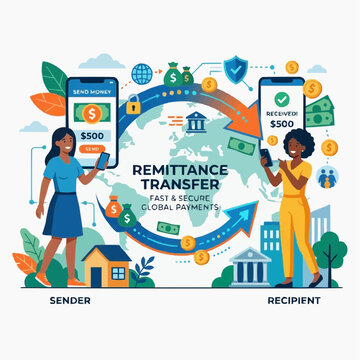 Global Payment Transfer: This vibrant illustration captures the essence of a fast, secure, and seamless global payment transfer, depicting the sender and recipient interacting with their smartphones.