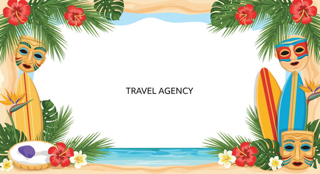 Tropical travel agency promotional frame with hibiscus flowers palm leaves surfboards and traditional tiki masks on beach.