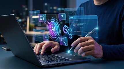 Fototapeta premium Software Engineer using AI Development on Laptop in a tech workspace. Typing code, manipulating holographic AI interface with stylus, and Digital Innovation concept.