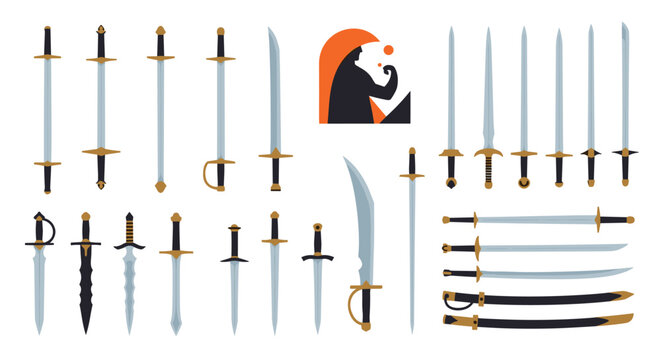 Extensive set of historical medieval swords daggers and bladed weapons with various hilts and blade shapes in flat style.