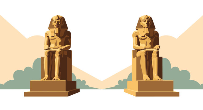 Symmetrical illustration of two massive ancient Egyptian pharaoh statues seated on thrones in front of desert mountains.