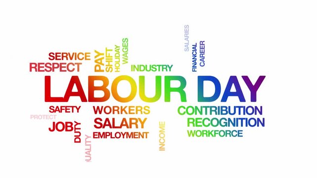 Labour day concept Animated Tag Word Cloud kinetic typography, Text Design Animation typography seamless loop video motion graphics Intro Wordart tagcloud rainbow type on white background bg backdrop 