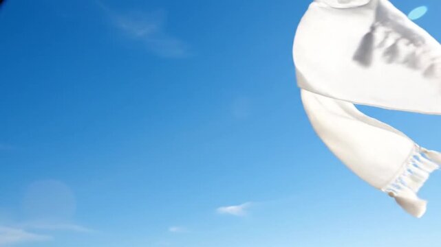 White khata scarf flowing in wind with bright sky background elegant motion empty space