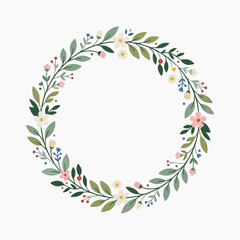 Obraz premium Floral Wreath of Nature's Beauty: A circular floral wreath showcases a charming collection of blossoms and foliage, bringing the freshness of a garden and the essence of spring.