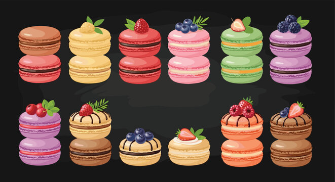 Rows of colorful delicious macarons topped with various fresh berries and fruit garnishes on a dark chalkboard background.