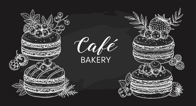 Hand drawn chalkboard illustration of fruit topped macarons for a cafe or bakery menu design with an artistic vintage feel.