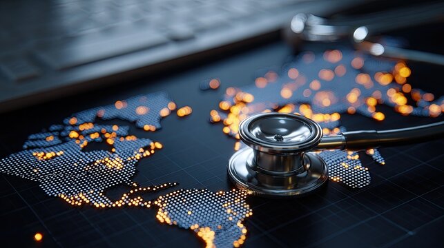 A stethoscope rests on a glowing digital map of the world