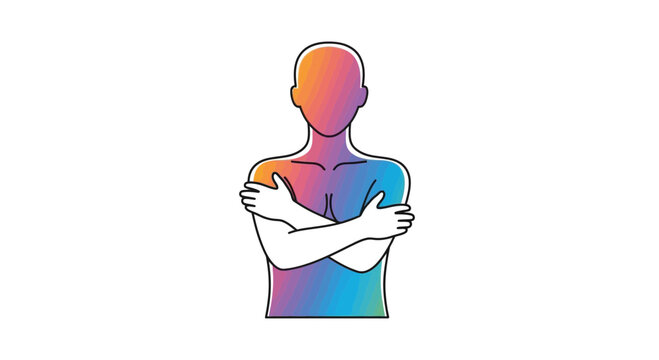 Person hugging themselves with colorful gradient body, self-care concept