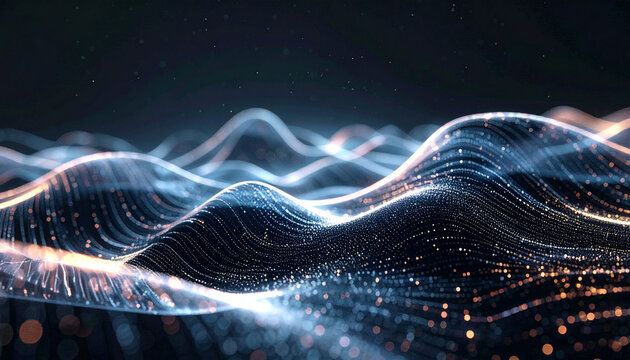 Abstract Digital Wave: A mesmerizing display of digital waves, composed of shimmering particles and flowing lines, dances across a dark canvas.