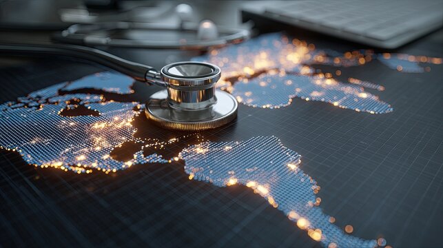 Stethoscope on glowing world map, medical global health concept