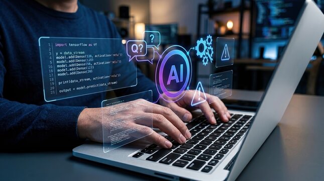 Machine Learning Engineer using AI Development on laptop. Building neural network model with Dense layers, output prediction, and AI integration concept.