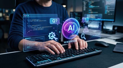 Fototapeta premium Software Engineer using AI interface design on computer workstation with code typing and neural network data, and futuristic technology concept.