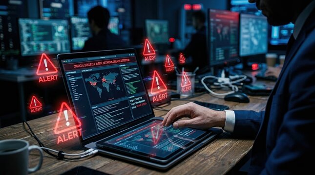 Cybersecurity Analyst using security breach monitoring on laptop in control room. Detecting network breaches with real-time alerts, and cyber threat response concept.