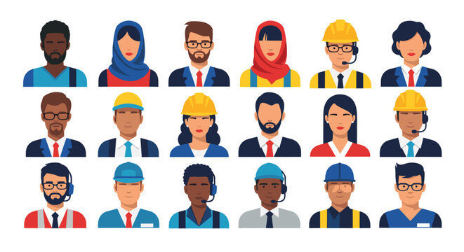 Diverse collection of professional avatars representing people of various ethnicities and occupations in a clean flat design.