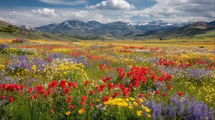 Obraz premium Vivid mountain valley awash with diverse wildflowers under a bright sky
