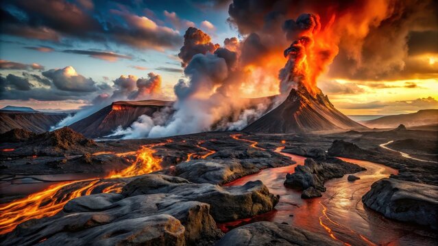 A photo of a majestic volcanic landscape with an erupting lava flow and thick smoke clouds, the ground scorched red and black, steam rising from the m