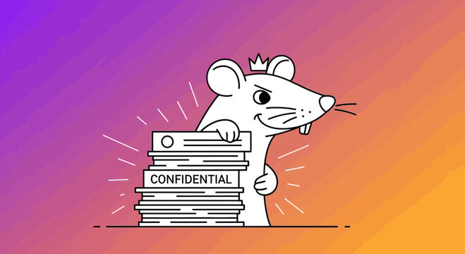 Mascot Rat with Crown and Confidential Documents, Secret Information, Data Security Concept