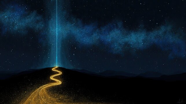 Winding golden path illuminated by bright celestial beam under night sky