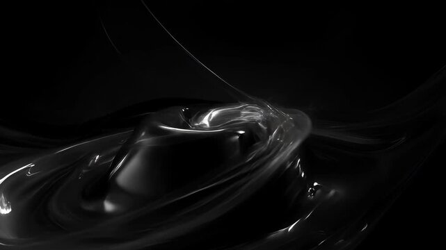 Abstract animation full frame wave saturation glossy black fluid texture with smooth curve, black silver spiral, black liquid swirl motion graphic, dark reflection, SEO optimized title