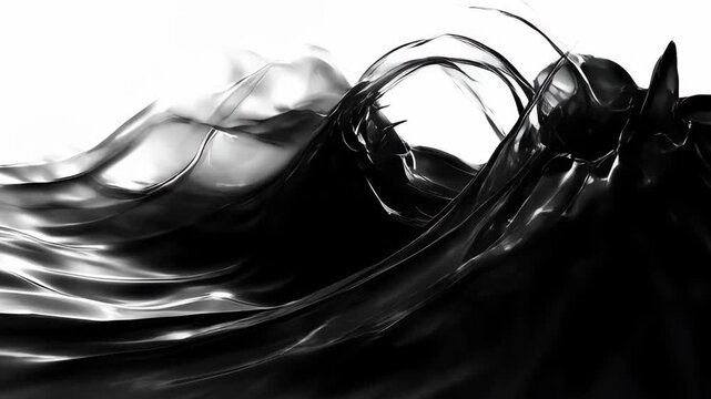 Abstract animation full frame wave saturation black liquid flow motion on white background with elegant dynamic shape, glossy swirl, flowing ribbon curve for modern design