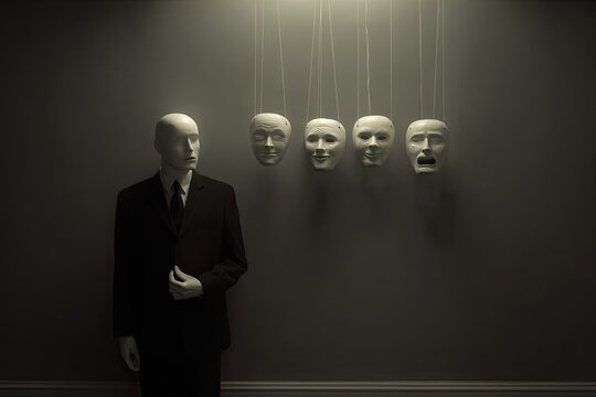 Man in Suit Stands Before Row of Suspended Masks Displaying Different Emotions.