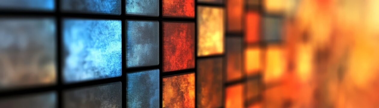 Vibrant close up mosaic of multicolored glass pieces on textured wall surface, close up mosaic of diverse colorful glass fragments adorning a textured wall.