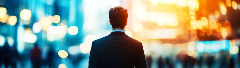 Fototapeta na wymiar Man in suit observing urban skyline business professional's cityscape view, professional gazes at city contemplating business and urban landscape.