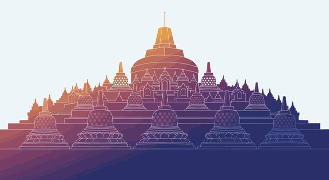 Majestic Borobudur Temple, Ancient Buddhist Monument, Indonesia, Sunrise Gradient
