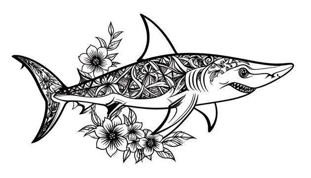 A shark with intricate patterns and flowers