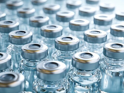 Rows of small glass vials with metallic caps, medical