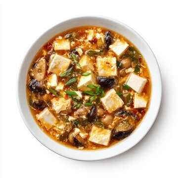 Hot and sour soup - China traditional soup with tofu isolated on a white background