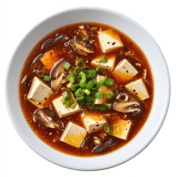 Hot and sour soup - China traditional soup with tofu isolated on a white background