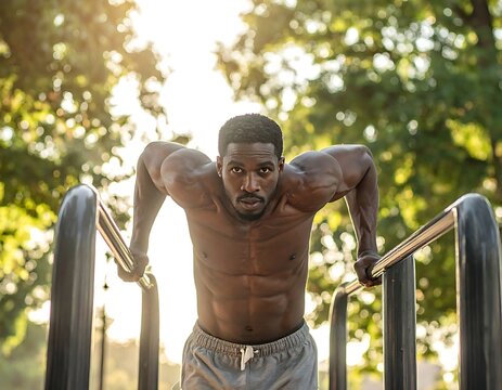 A shirtless man exercising outdoors with parallel bars