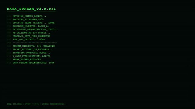 Futuristic Data Stream HUD with Green Digital Command Line Interface and Computer System Bitstream Reconstruction Processing Monitoring Screen.