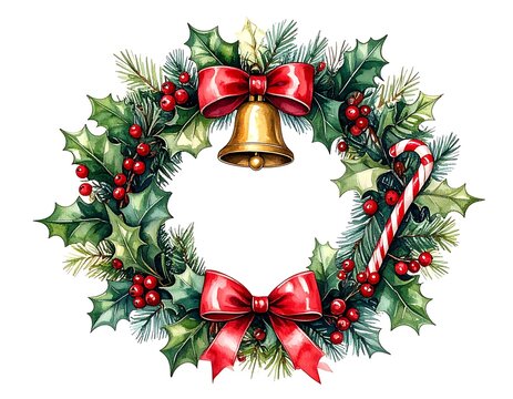 A festive holiday wreath with green foliage, red ribbons, and decorations