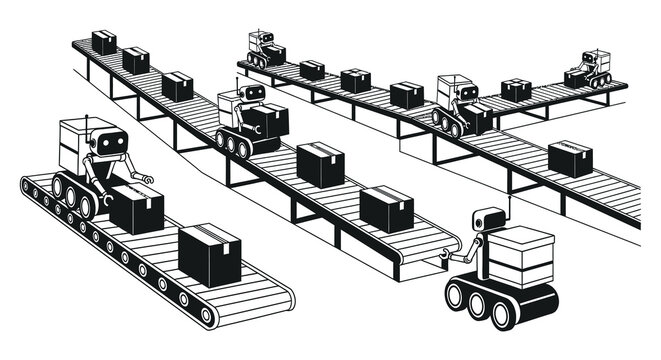 Automated factory production line with robots and boxes in black and white silhouette high quality professional detailed modern elegant