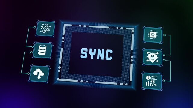 Modern tech visualization of data synchronization showing the word "SYNC" in a digital processor connected to cloud, device, and network icons.