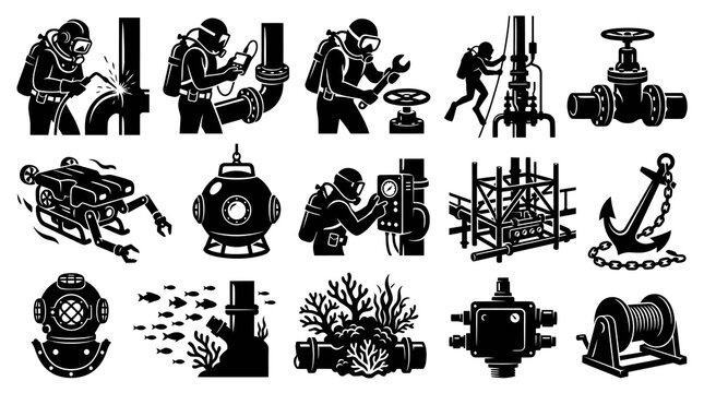 Underwater Diving  Subsea Engineering Icons Black and White Glyph Set