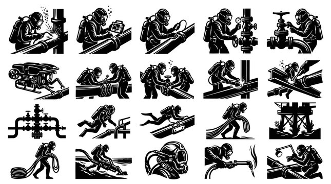 Underwater Commercial Diving, Subsea Construction and Maintenance Black and White Vector Illustration Set