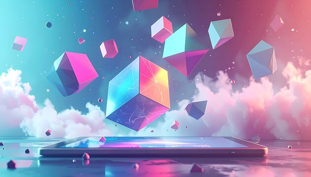 A smartphone floats amidst colorful cubes and clouds