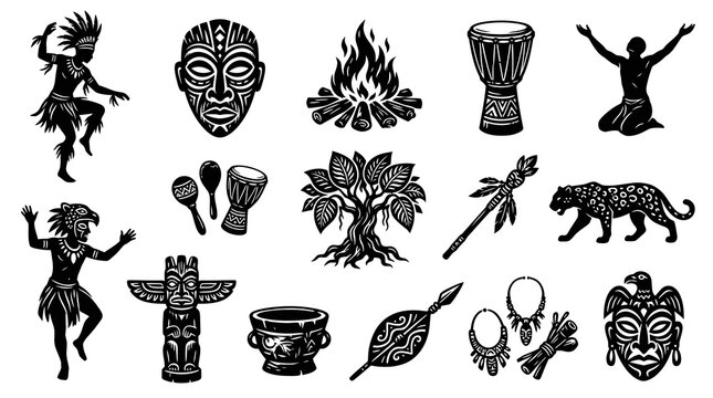 African Tribal Culture Glyph Icons Set: Indigenous Ritual Symbols - Black  White Vector