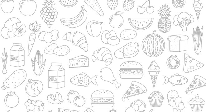 Seamless pattern of various line art food items on a white background, including fruits, vegetables, and desserts.