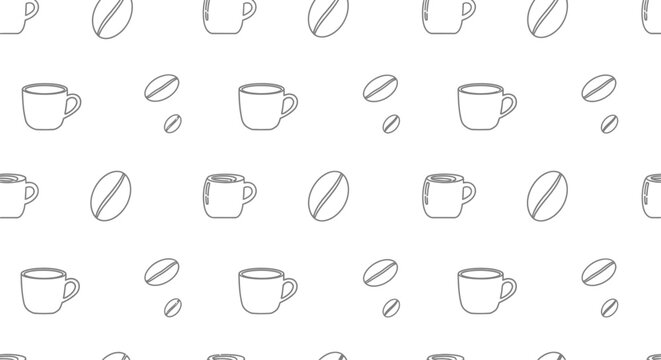 Seamless minimalist coffee pattern with outlined cups and beans
